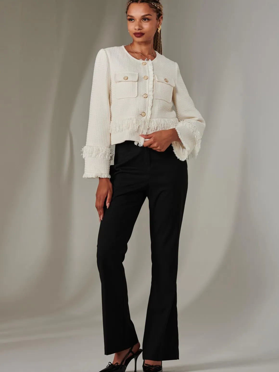 Tweed Fringe Hem Jacket, Cream