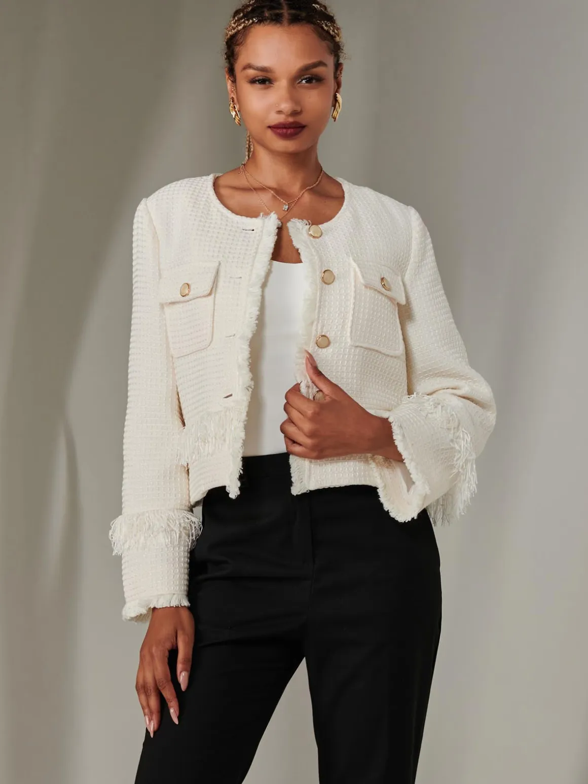 Tweed Fringe Hem Jacket, Cream