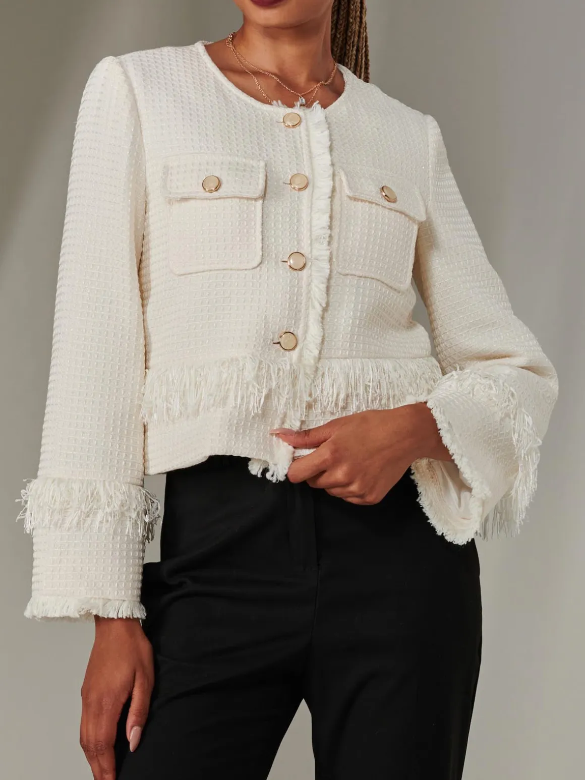 Tweed Fringe Hem Jacket, Cream