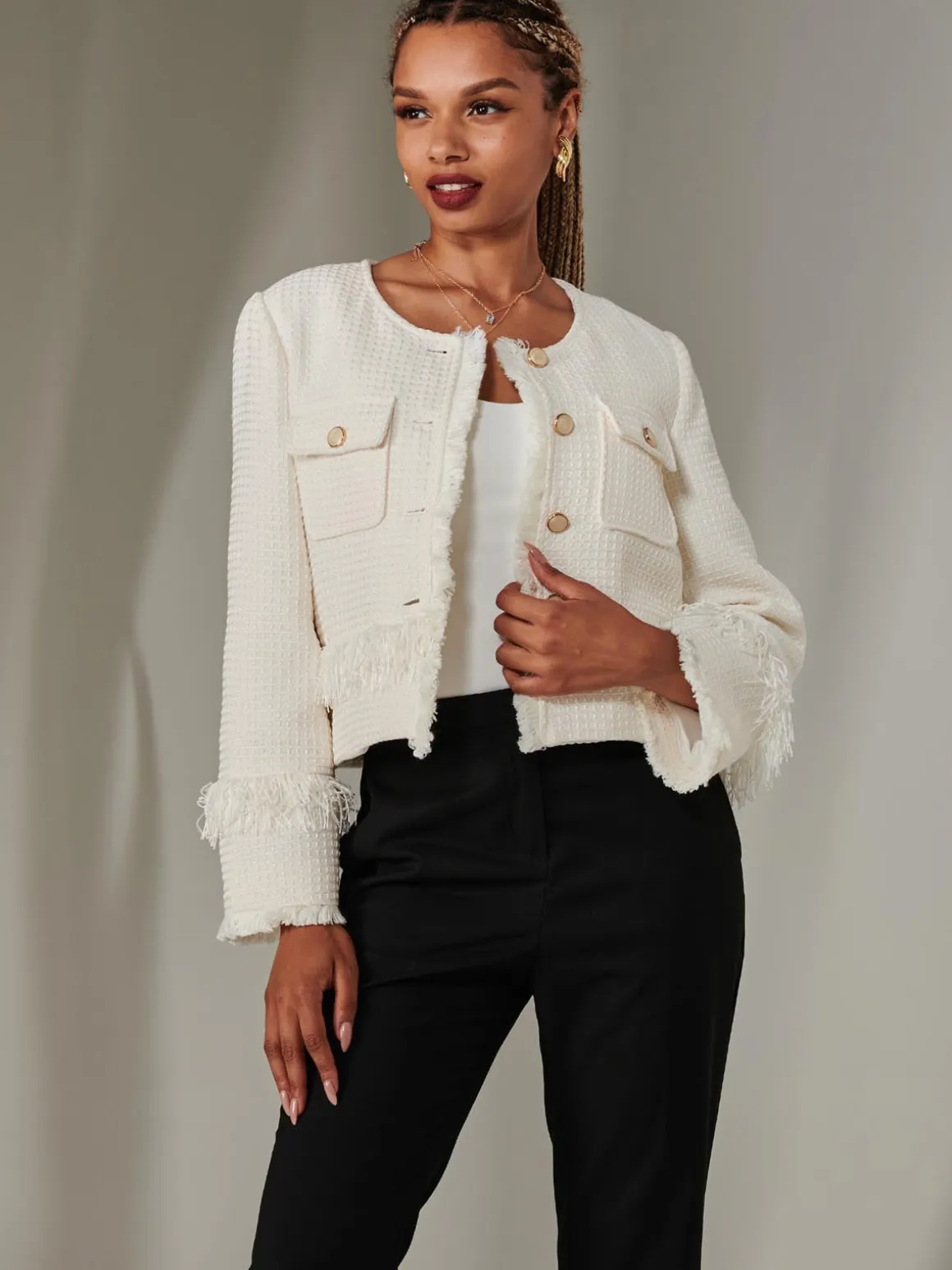 Tweed Fringe Hem Jacket, Cream