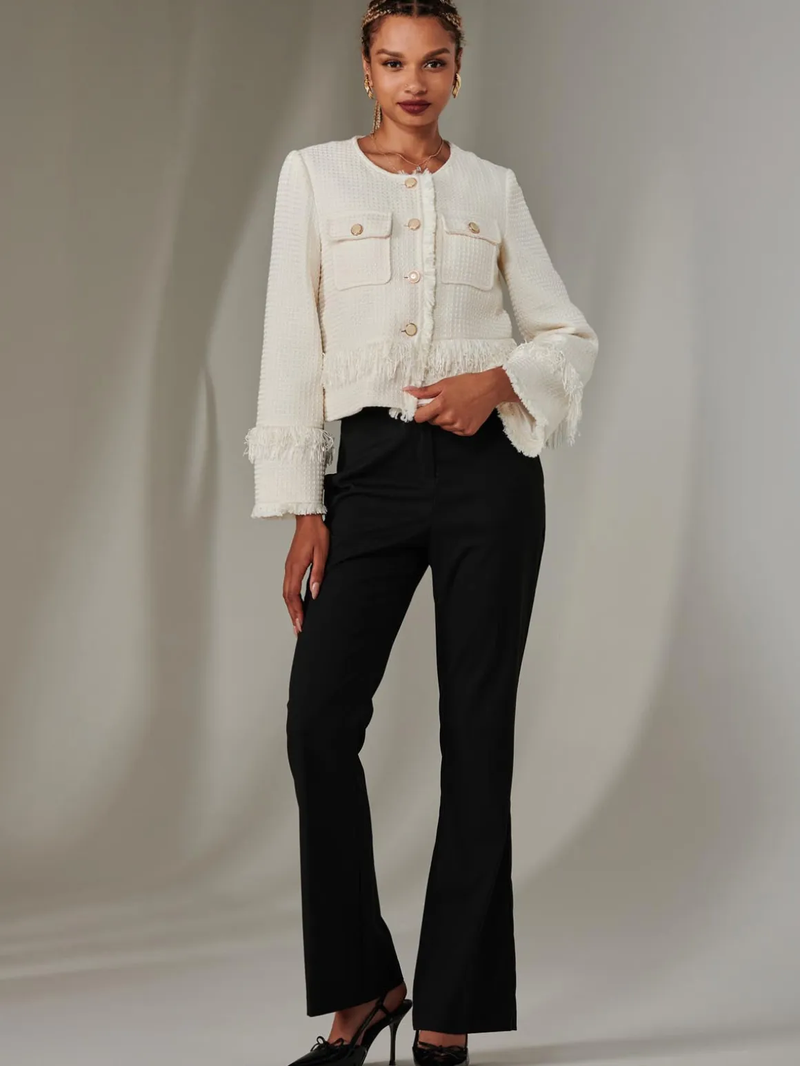 Tweed Fringe Hem Jacket, Cream
