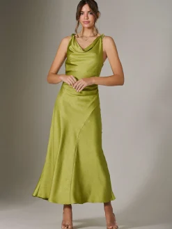 Twisted Shoulder Cowl Neck Midaxi Dress, Green