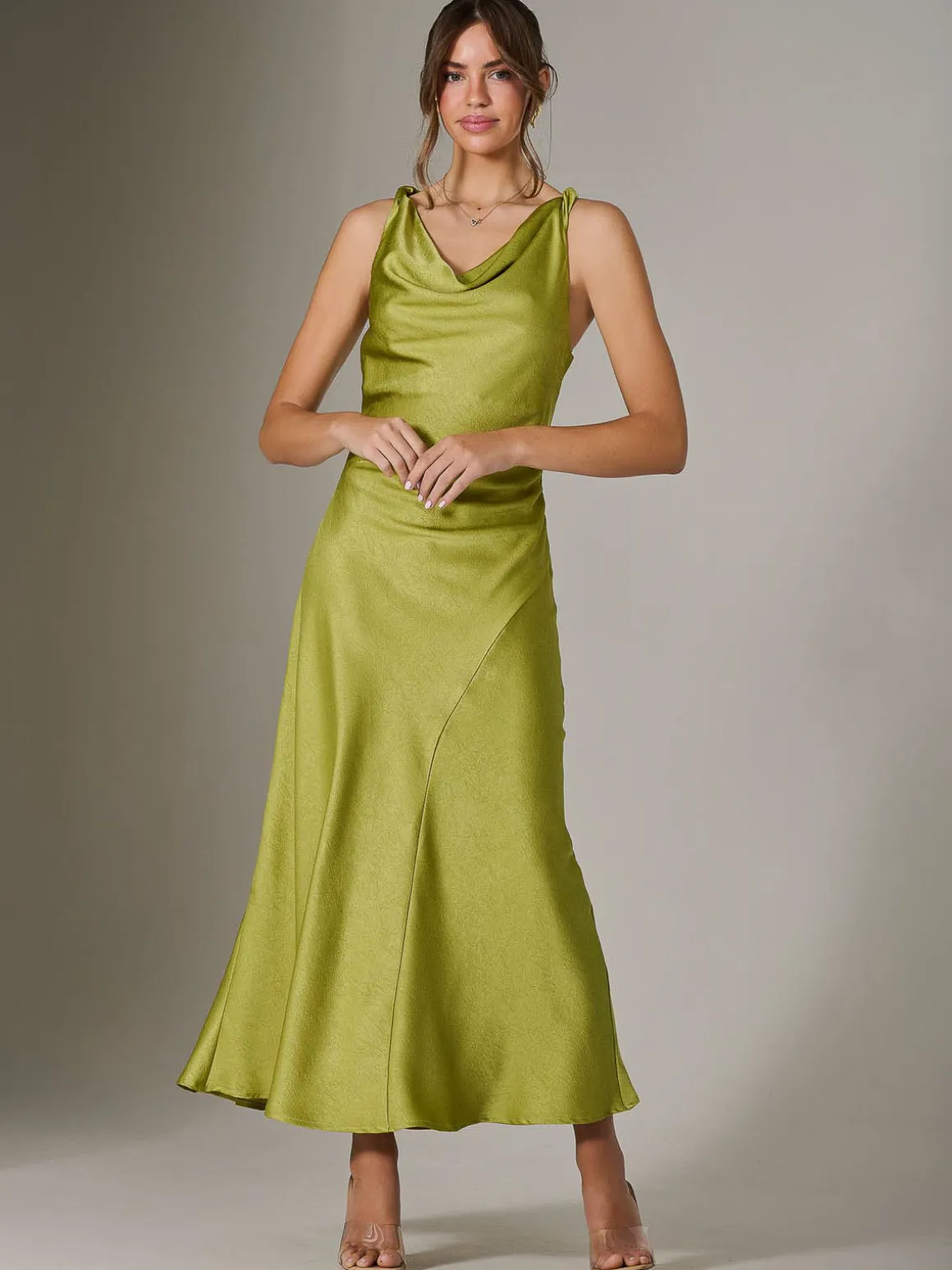 Twisted Shoulder Cowl Neck Midaxi Dress, Green