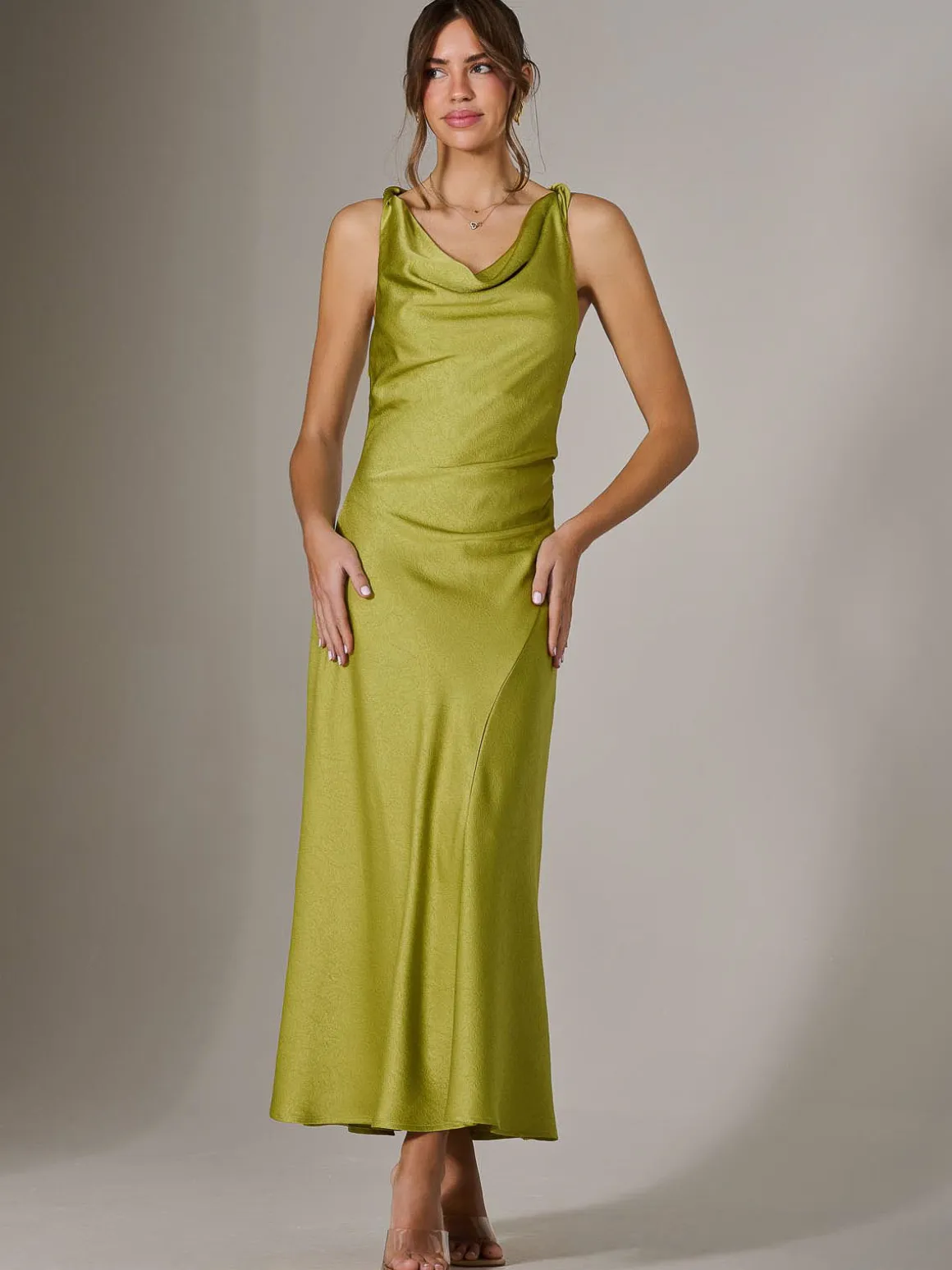 Twisted Shoulder Cowl Neck Midaxi Dress, Green