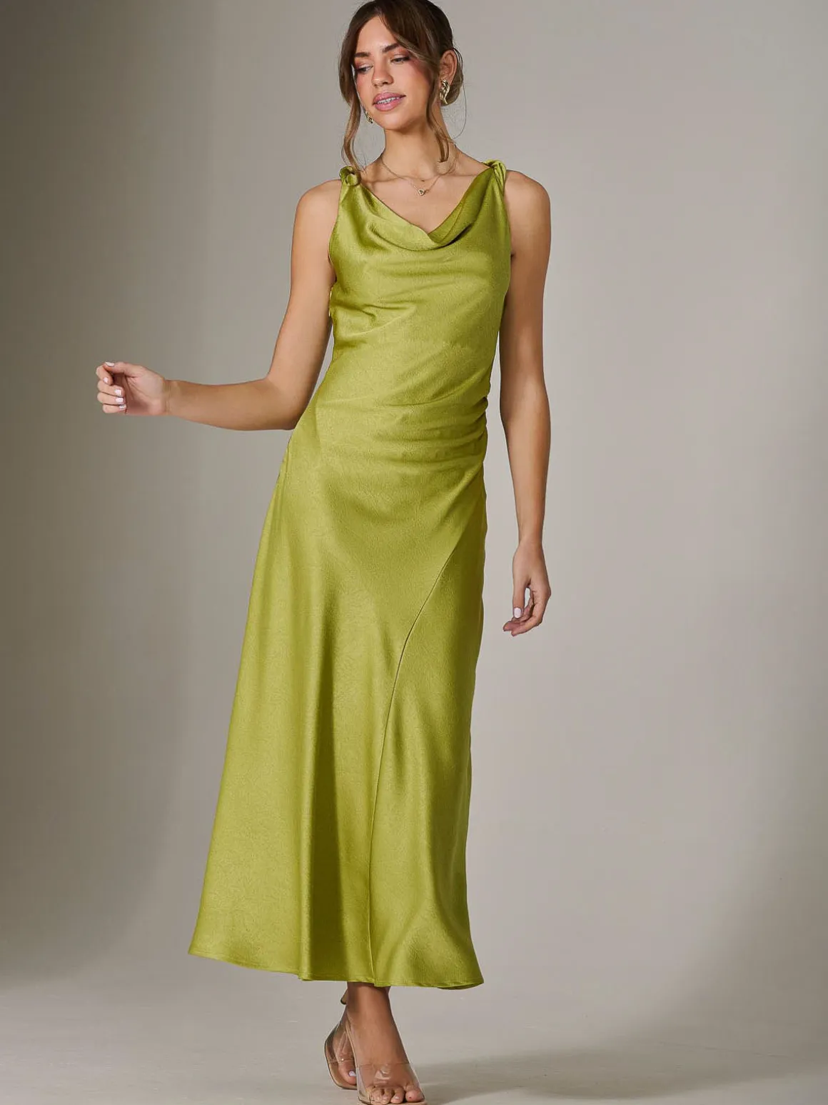 Twisted Shoulder Cowl Neck Midaxi Dress, Green