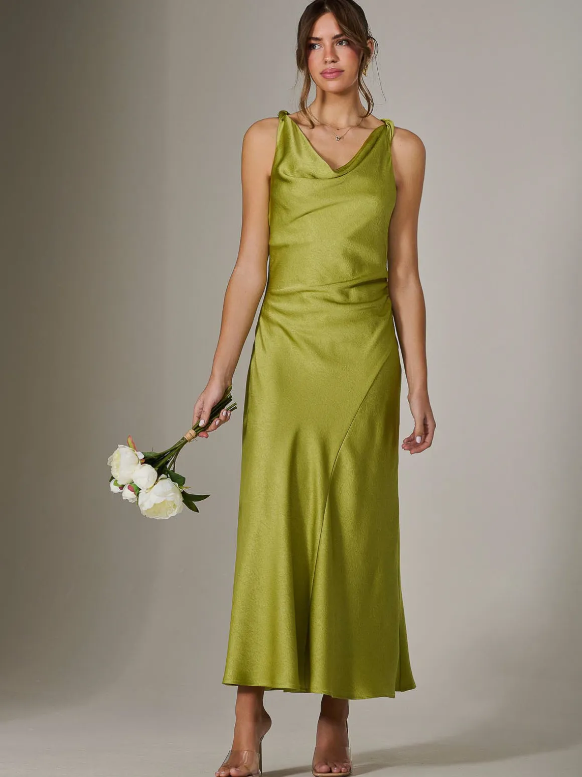 Twisted Shoulder Cowl Neck Midaxi Dress, Green