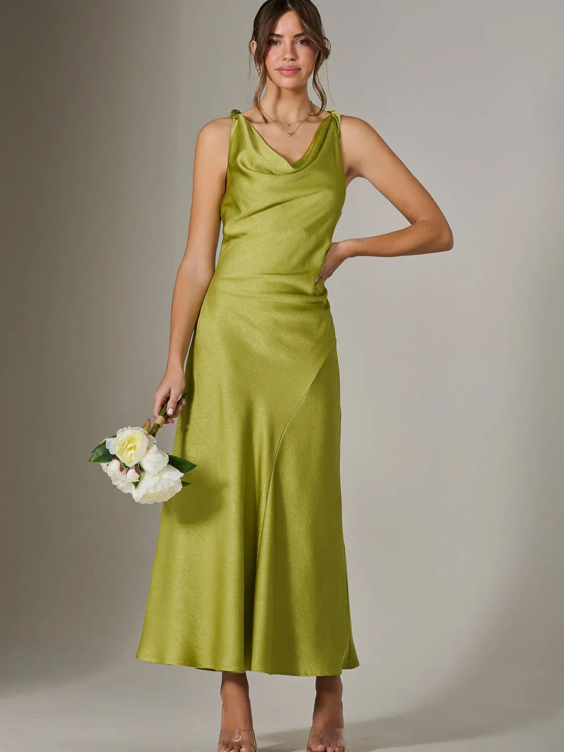 Twisted Shoulder Cowl Neck Midaxi Dress, Green