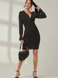 Twist Front Metallic Stripe Bodycon Dress, Black Multi