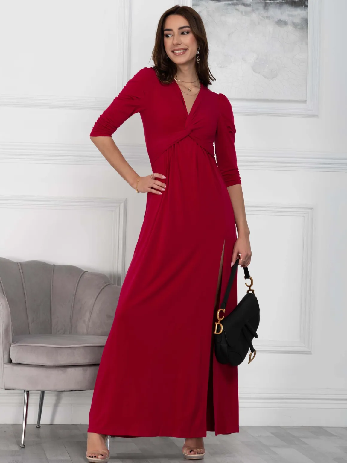 Twist Knot Front Maxi Dress, Berry
