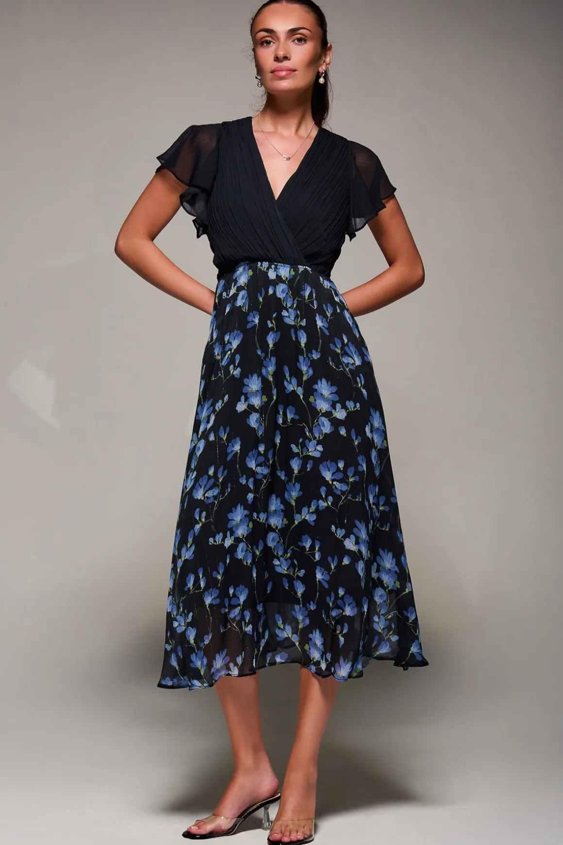 Two Tone Chiffon Midaxi Dress, Blue Floral