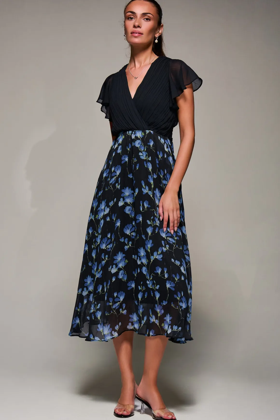 Two Tone Chiffon Midaxi Dress, Blue Floral