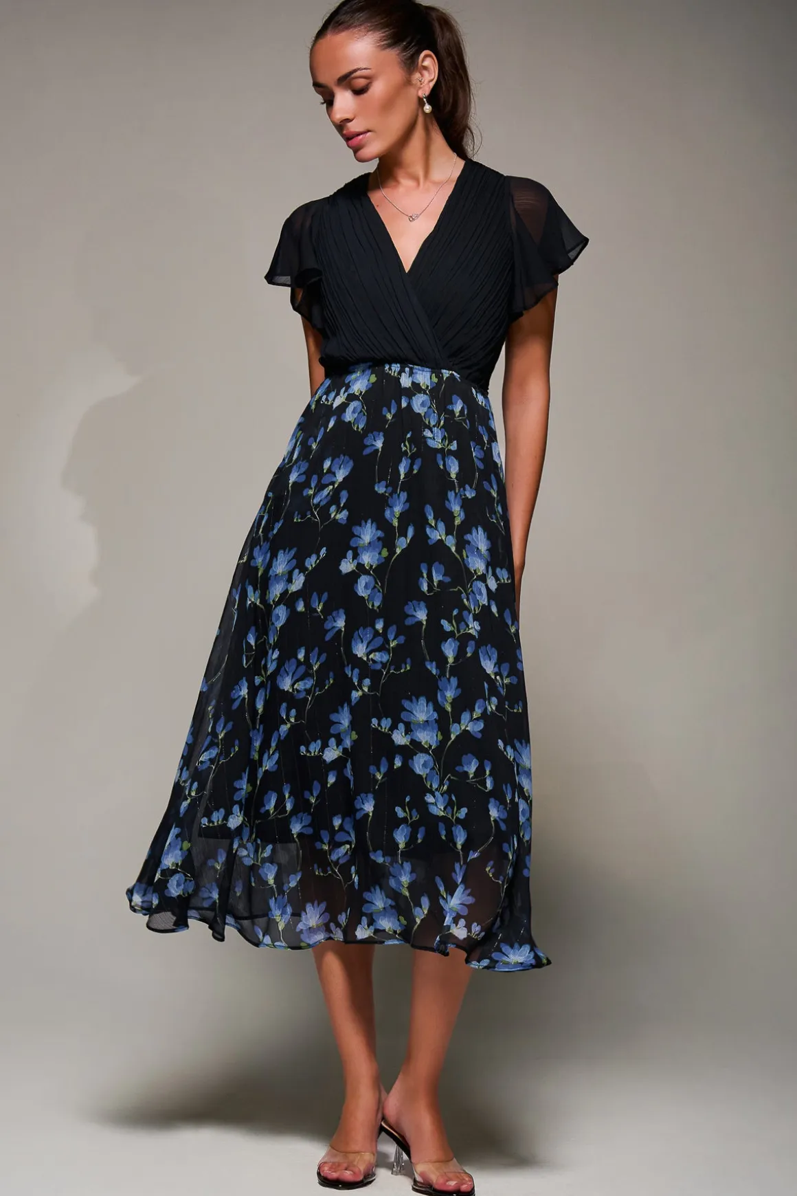 Two Tone Chiffon Midaxi Dress, Blue Floral