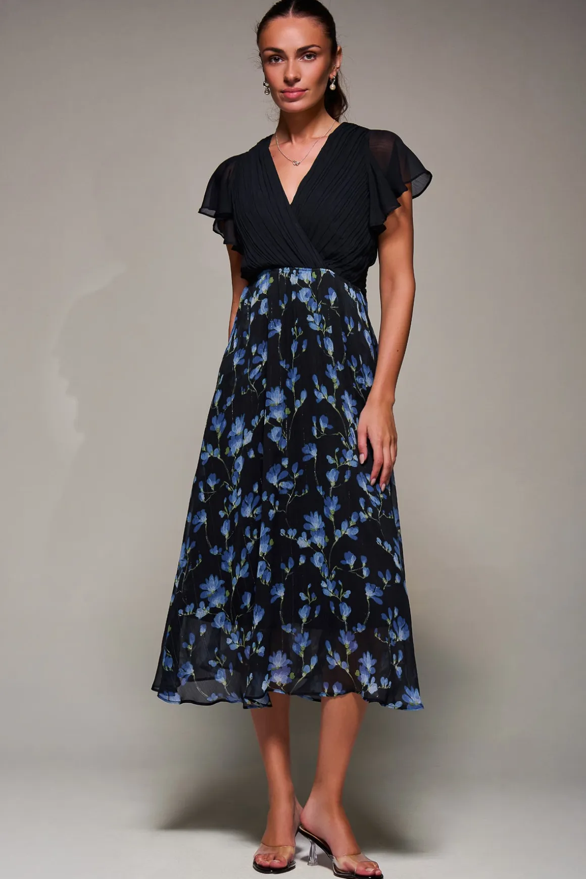 Two Tone Chiffon Midaxi Dress, Blue Floral