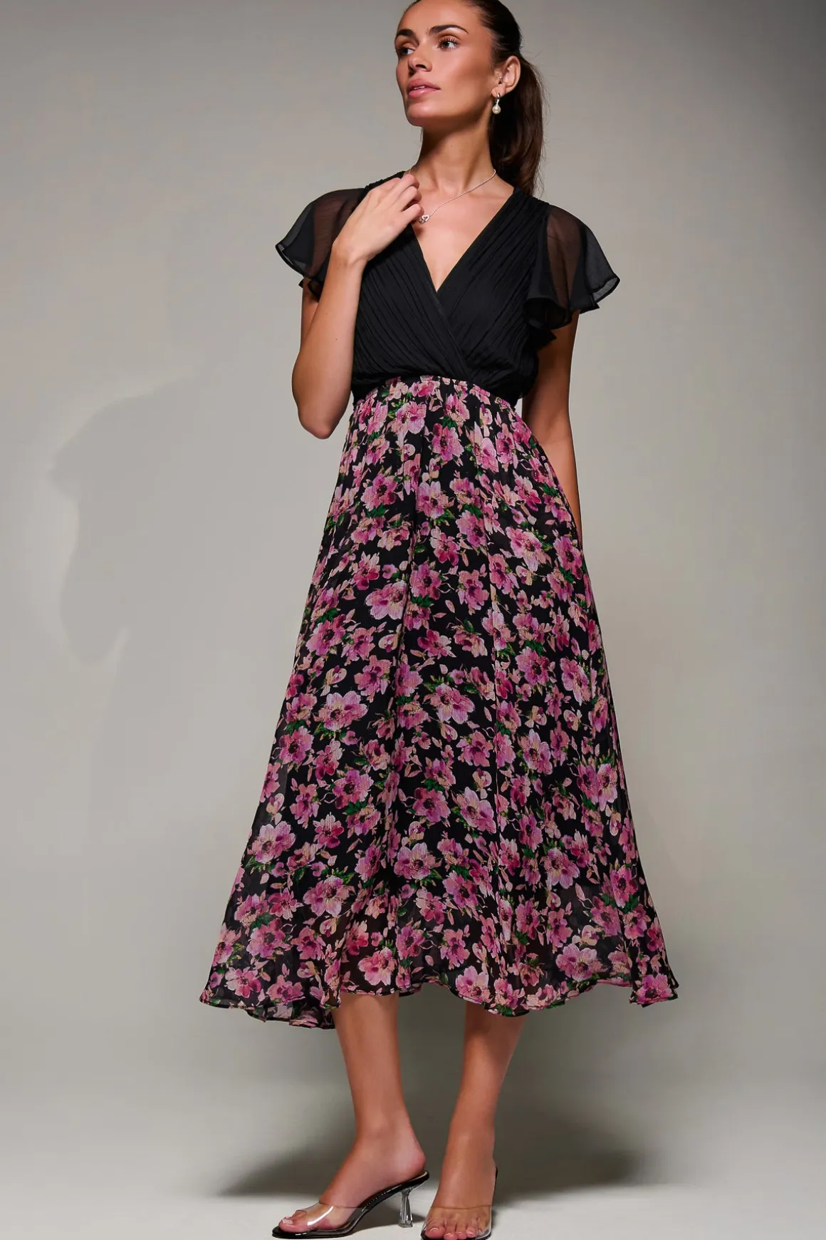 Two Tone Chiffon Midaxi Dress, Pink Floral