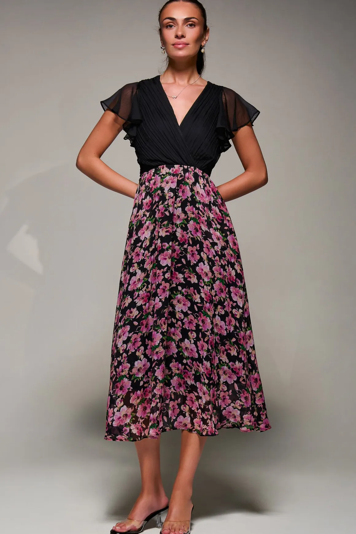 Two Tone Chiffon Midaxi Dress, Pink Floral