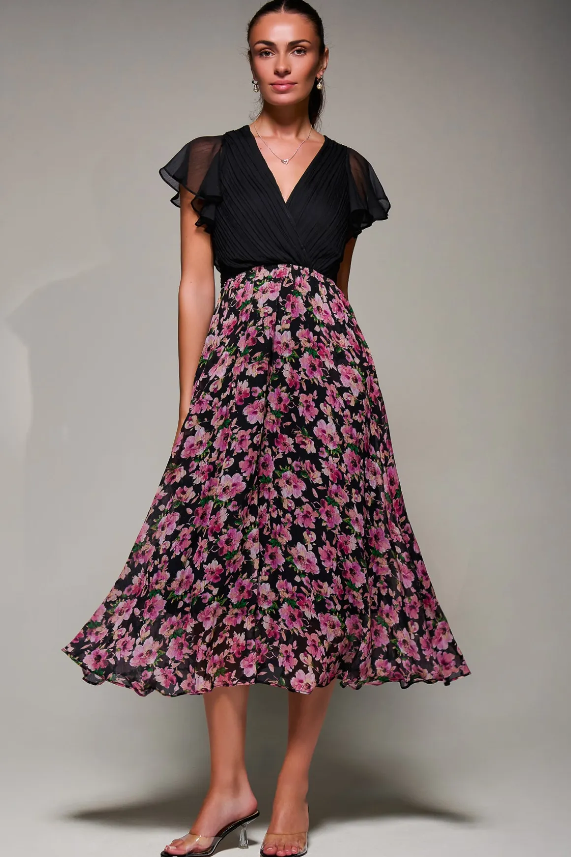 Two Tone Chiffon Midaxi Dress, Pink Floral