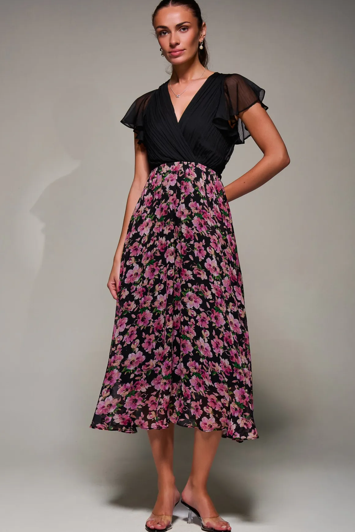 Two Tone Chiffon Midaxi Dress, Pink Floral