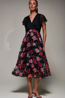 Two Tone Chiffon Midaxi Dress, Red Floral