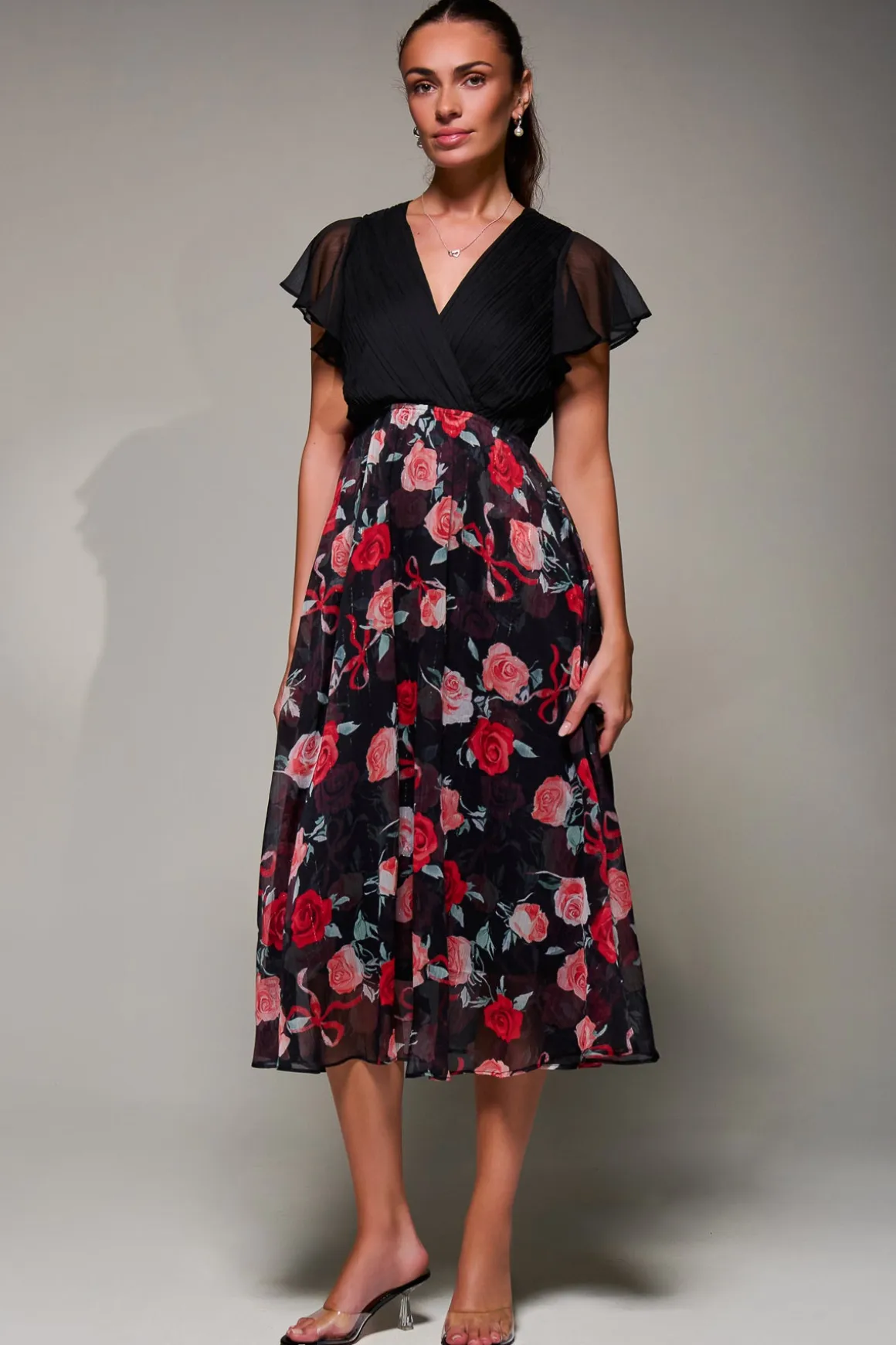 Two Tone Chiffon Midaxi Dress, Red Floral