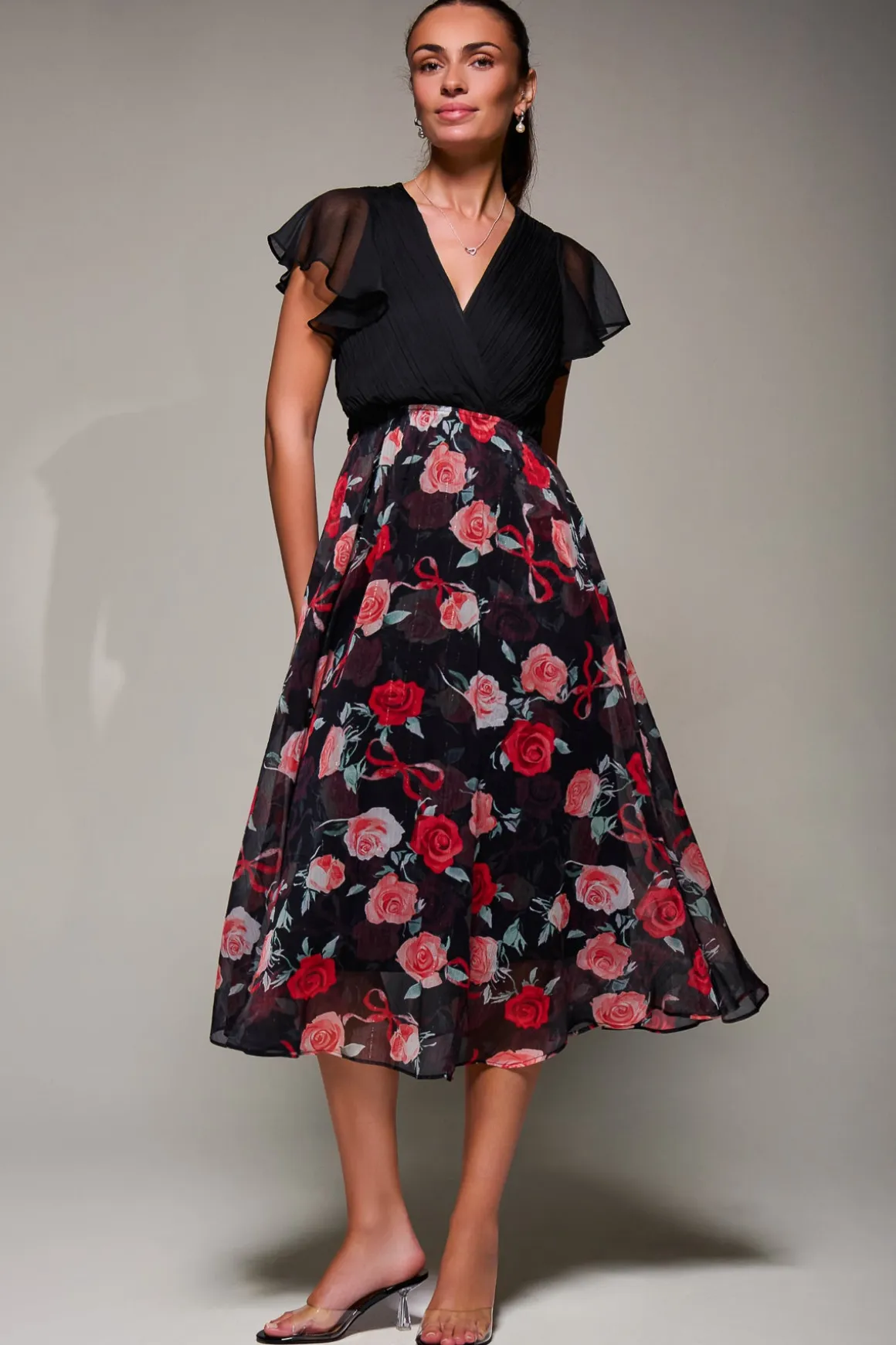 Two Tone Chiffon Midaxi Dress, Red Floral