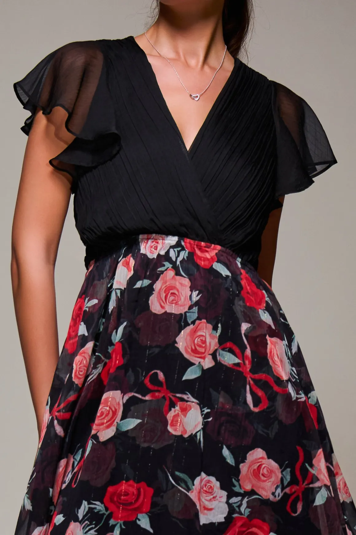 Two Tone Chiffon Midaxi Dress, Red Floral