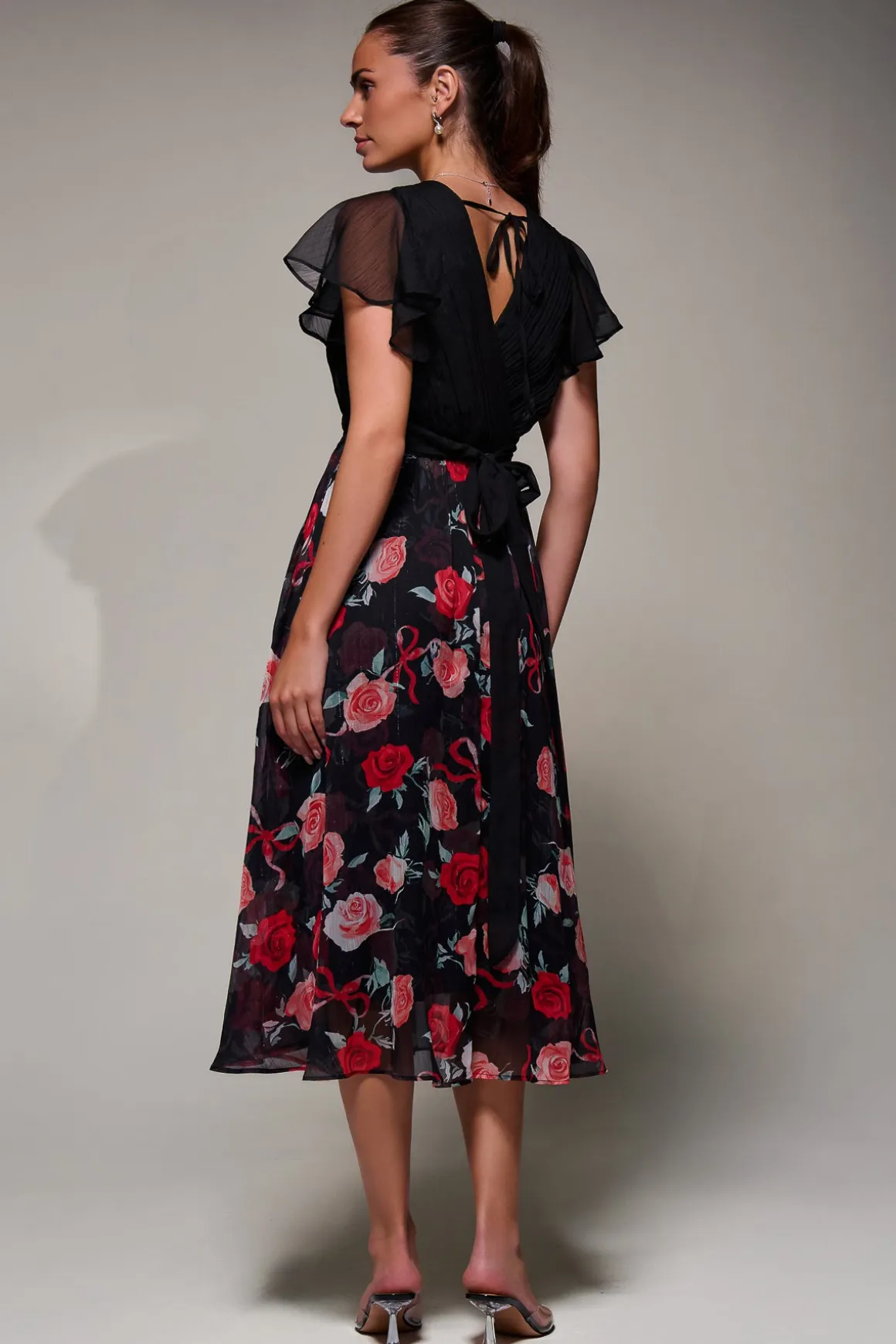 Two Tone Chiffon Midaxi Dress, Red Floral