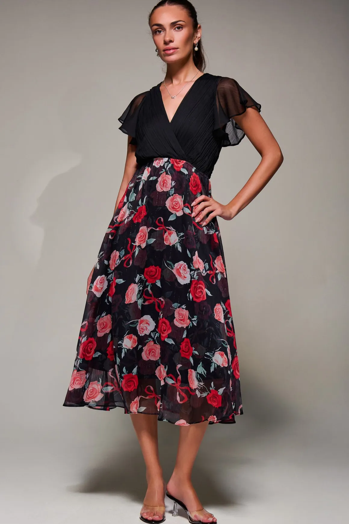 Two Tone Chiffon Midaxi Dress, Red Floral