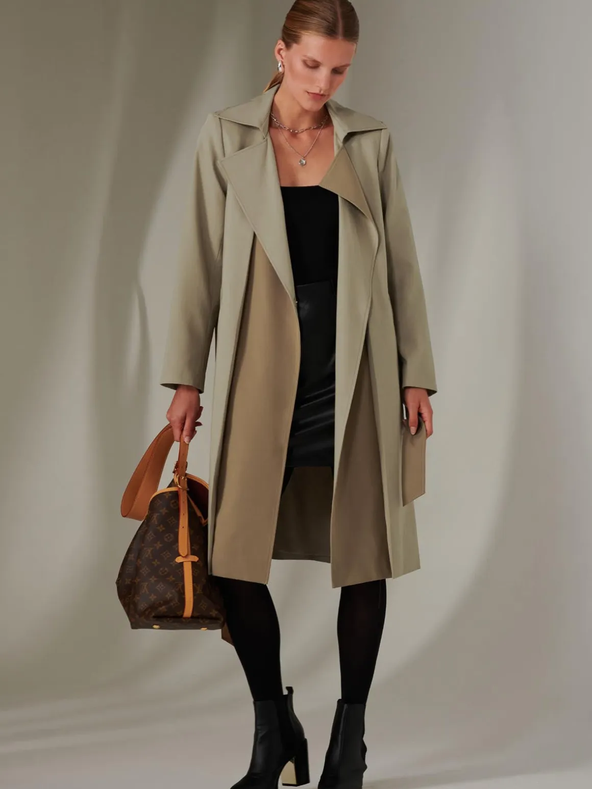 Two Tone Contrast Trench Coat, Khaki