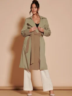 Two Tone Contrast Trench Coat, Khaki