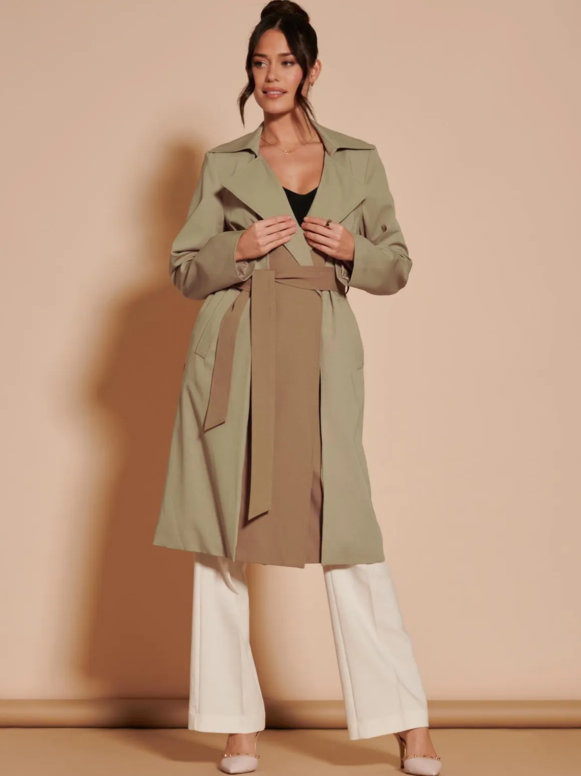 Two Tone Contrast Trench Coat, Khaki