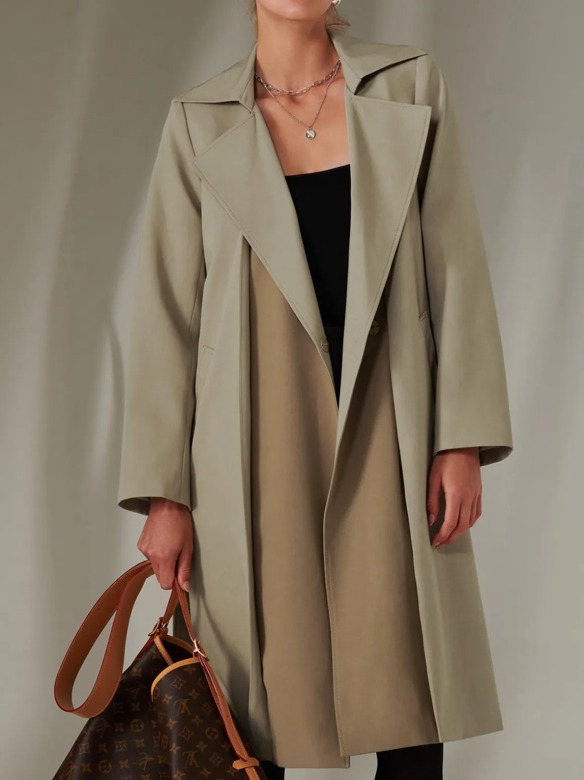 Two Tone Contrast Trench Coat, Khaki