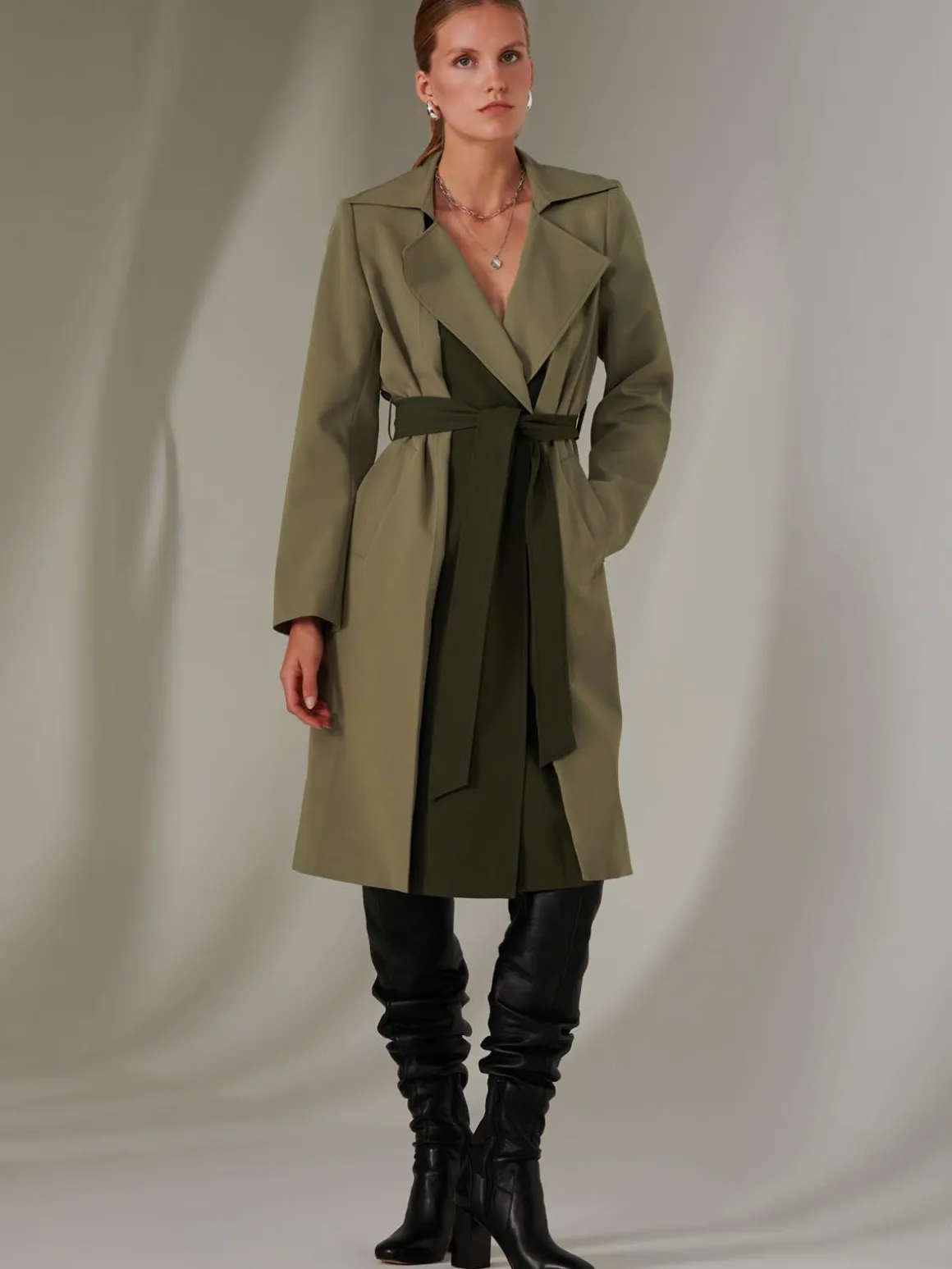Two Tone Contrast Trench Coat, Soldier Green