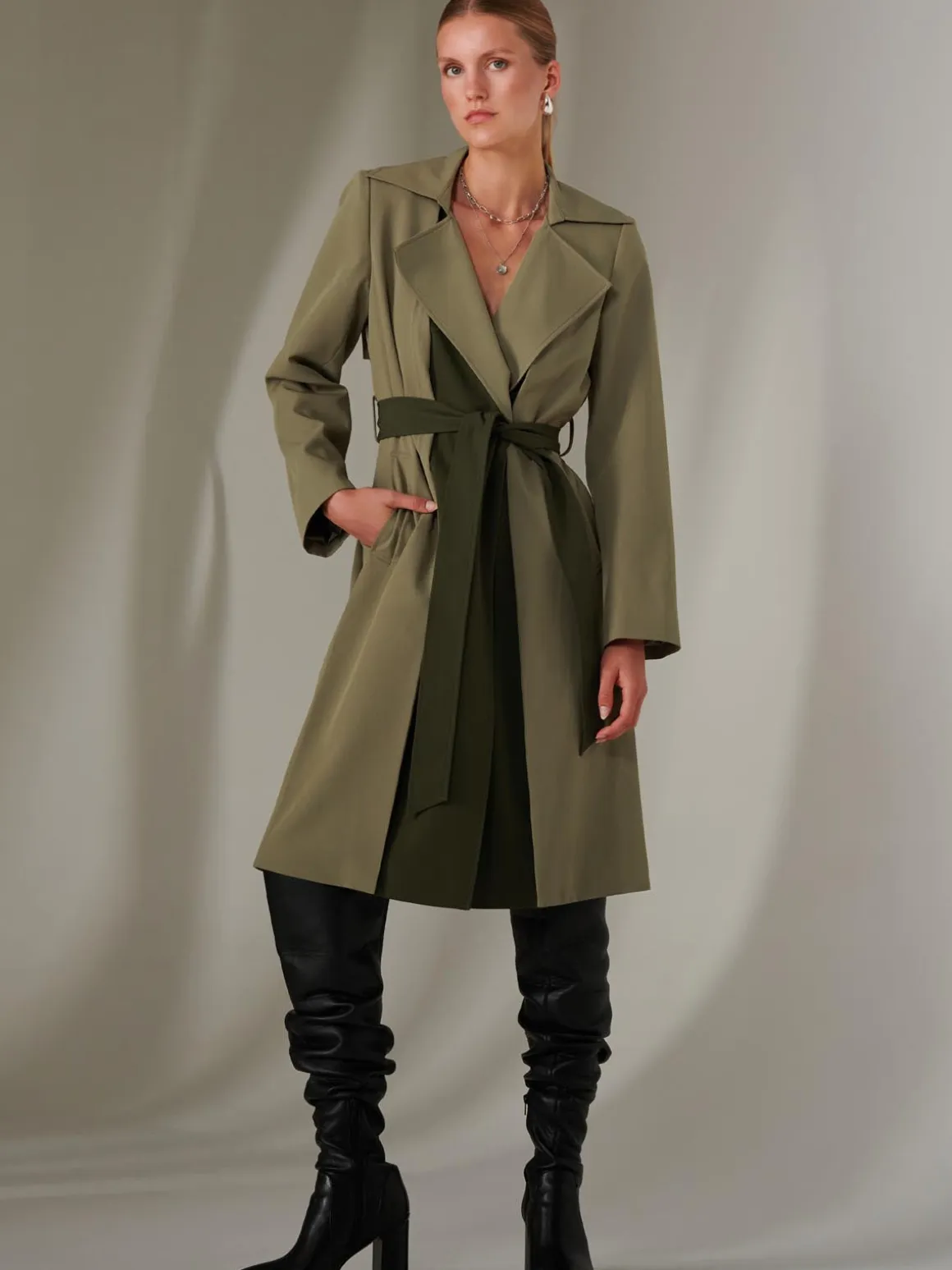 Two Tone Contrast Trench Coat, Soldier Green