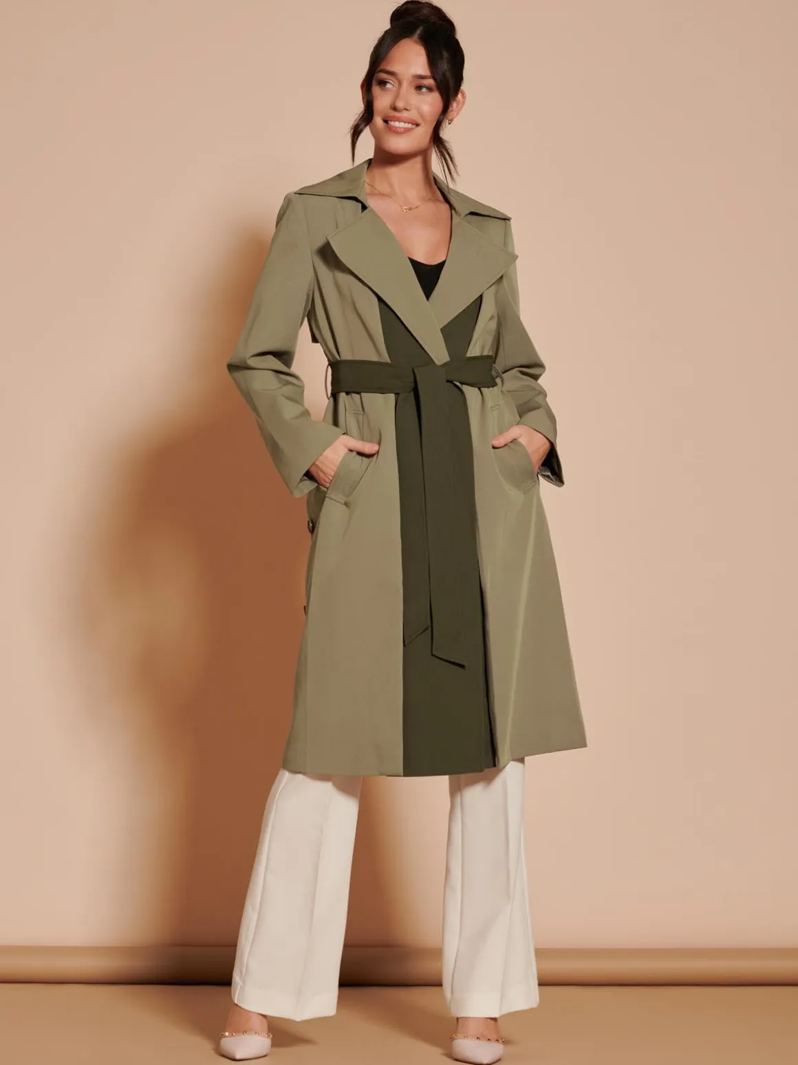 Two Tone Contrast Trench Coat, Soldier Green