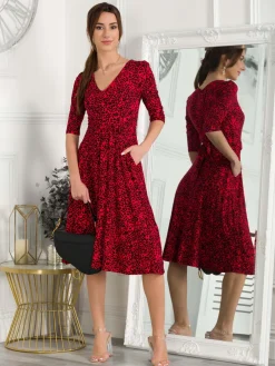Valeria Viscose Midi Dress, Red Animal