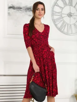 Valeria Viscose Midi Dress, Red Animal