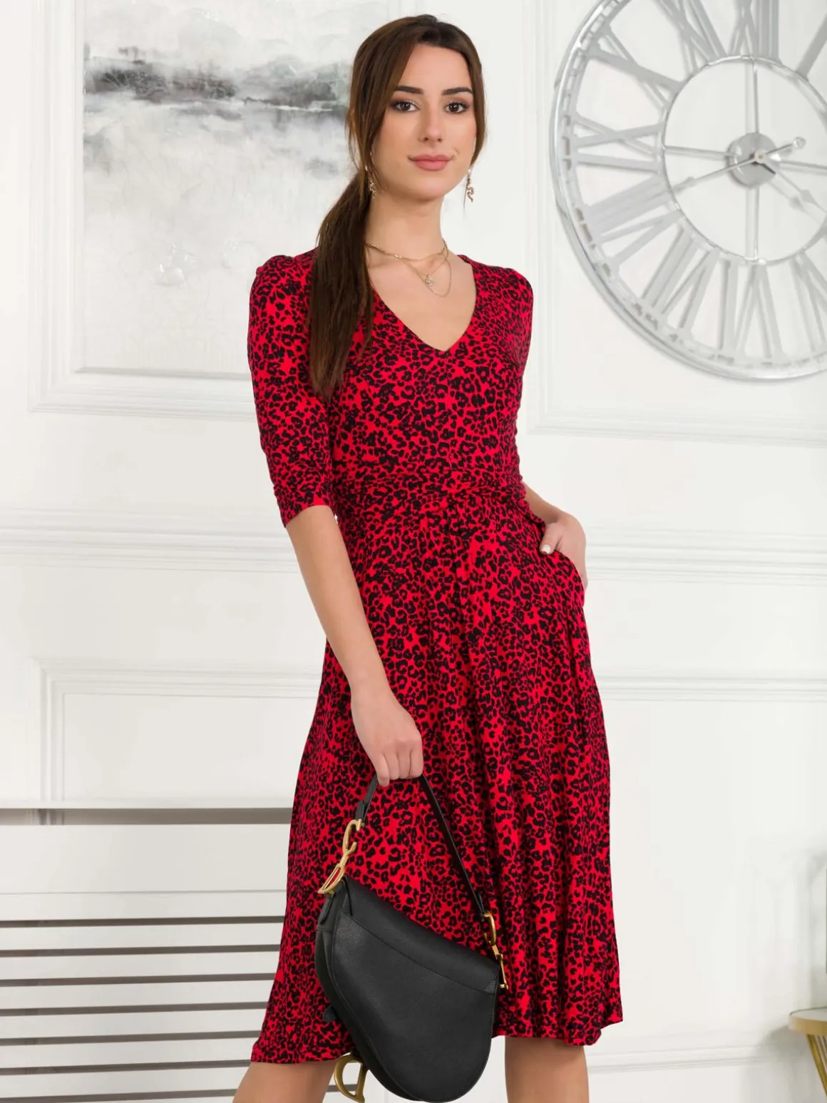 Valeria Viscose Midi Dress, Red Animal