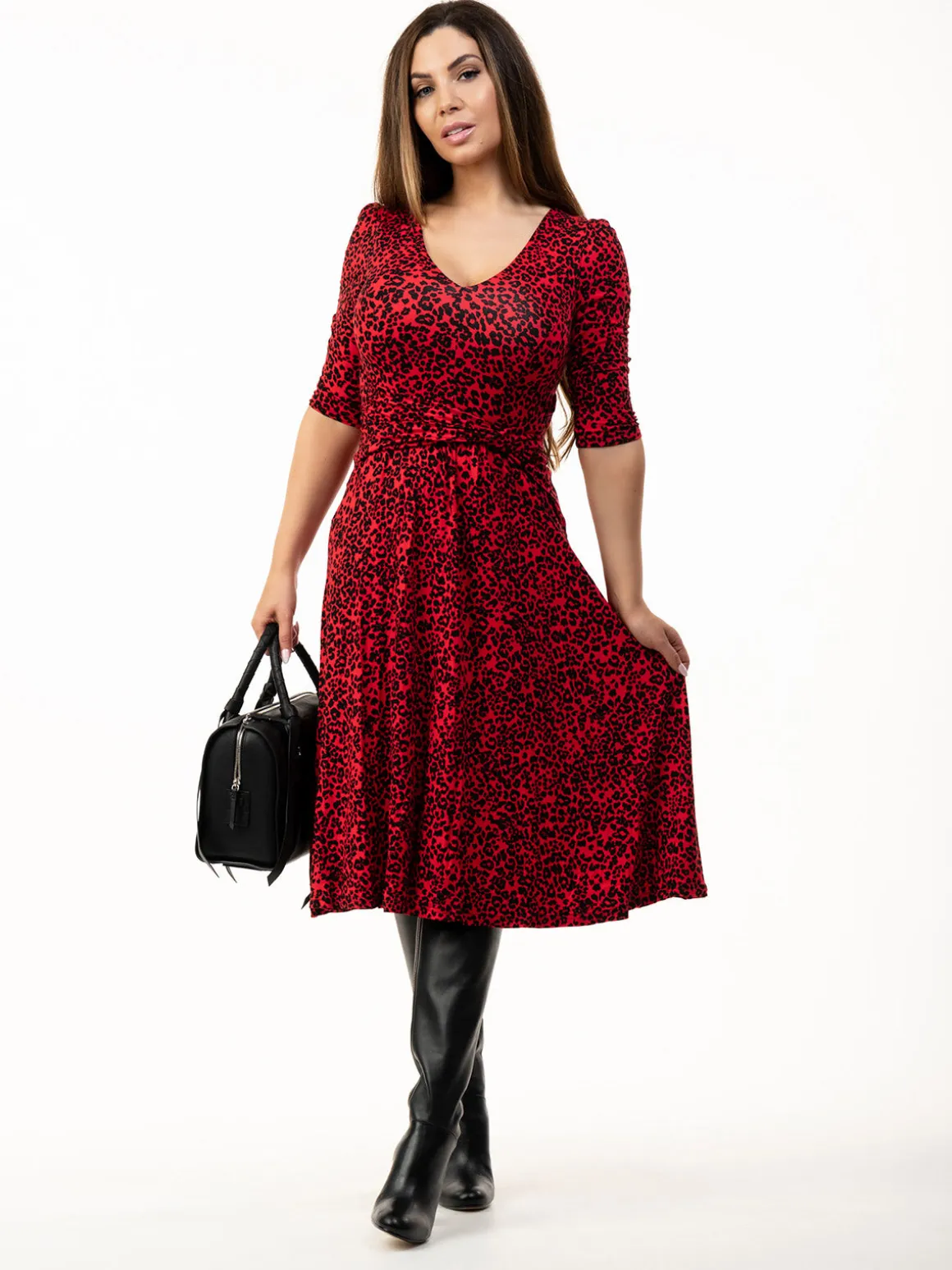Valeria Viscose Midi Dress, Red Animal