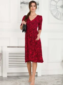 Valeria Viscose Midi Dress, Red Animal