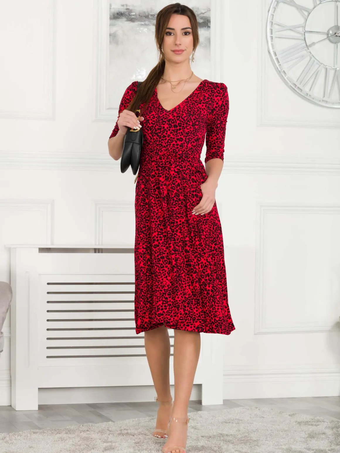 Valeria Viscose Midi Dress, Red Animal
