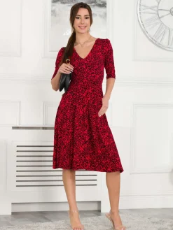 Valeria Viscose Midi Dress, Red Animal