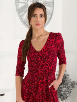 Valeria Viscose Midi Dress, Red Animal