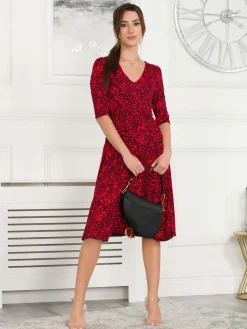 Valeria Viscose Midi Dress, Red Animal
