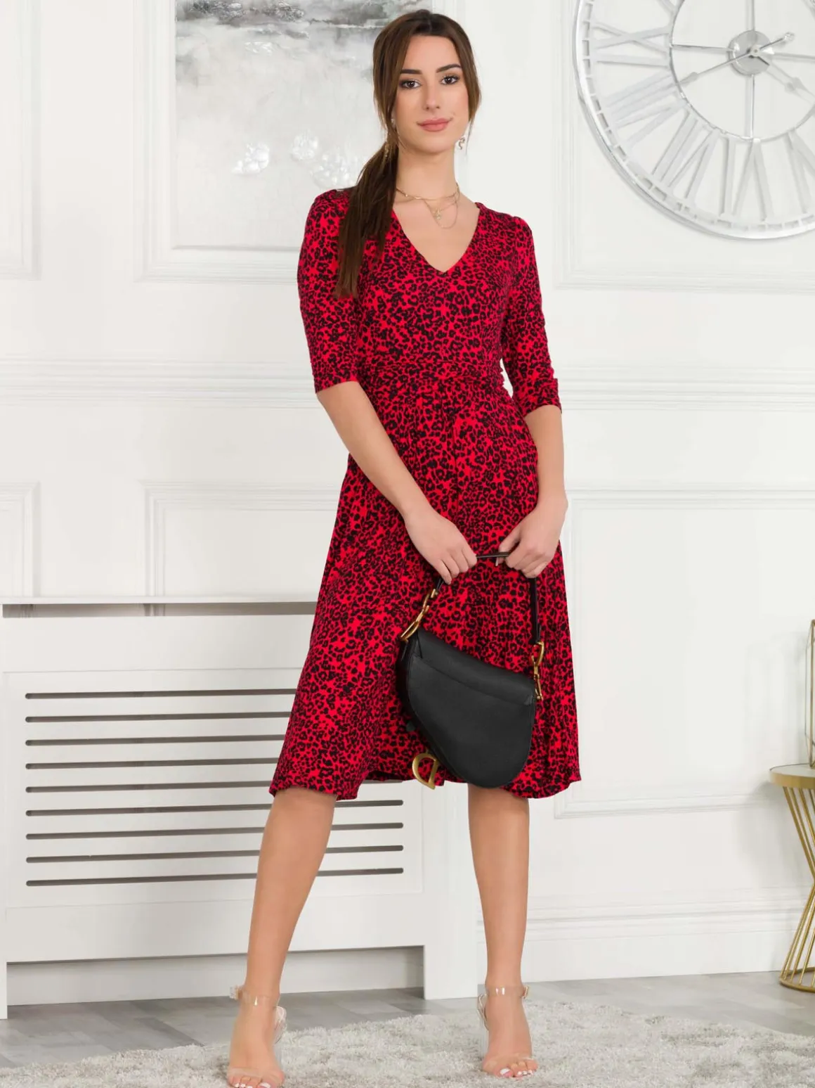 Valeria Viscose Midi Dress, Red Animal