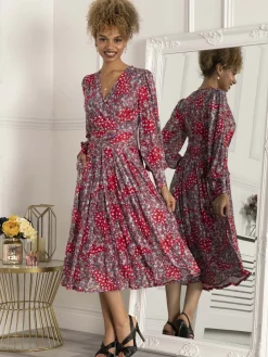 Vanessa Long Sleeve Mesh Midi Dress, Red Floral