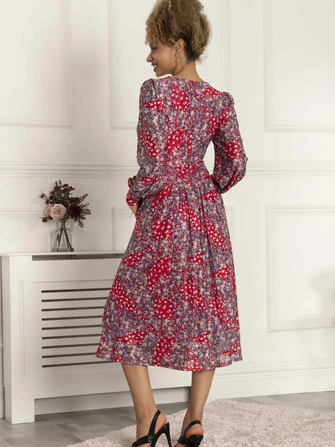 Vanessa Long Sleeve Mesh Midi Dress, Red Floral