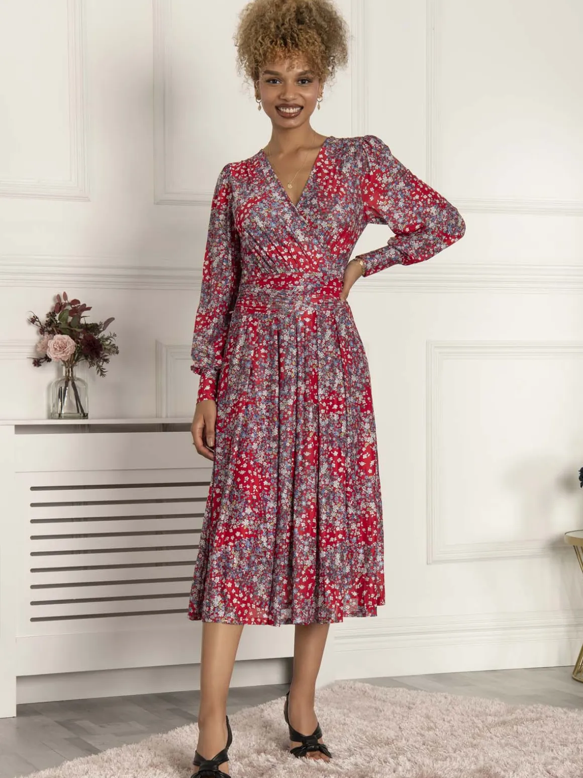 Vanessa Long Sleeve Mesh Midi Dress, Red Floral