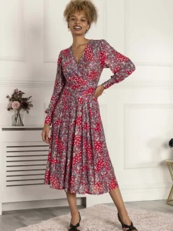 Vanessa Long Sleeve Mesh Midi Dress, Red Floral