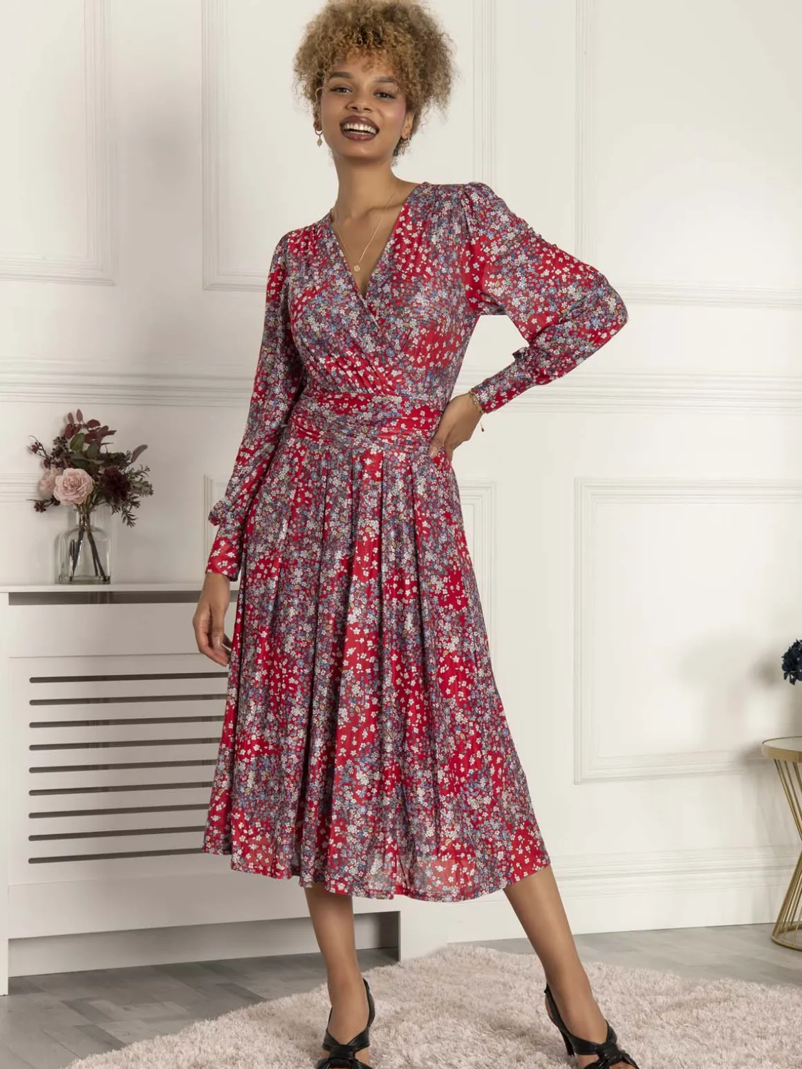 Vanessa Long Sleeve Mesh Midi Dress, Red Floral