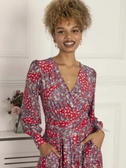 Vanessa Long Sleeve Mesh Midi Dress, Red Floral